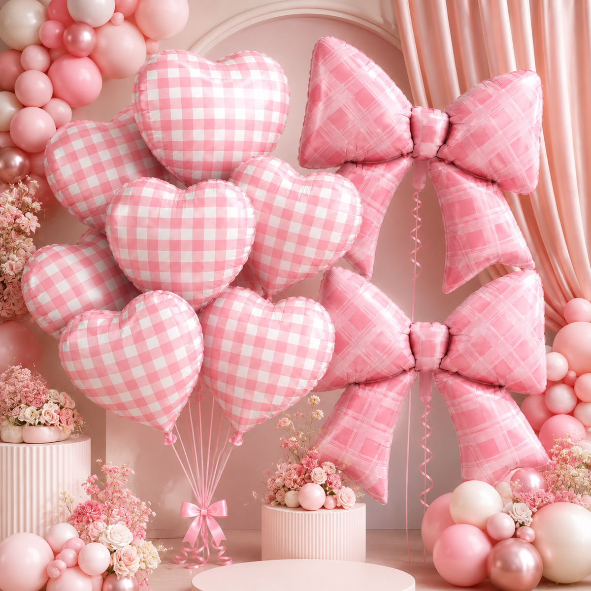 Bow and Heart Chequered Balloons Set - 12PC
