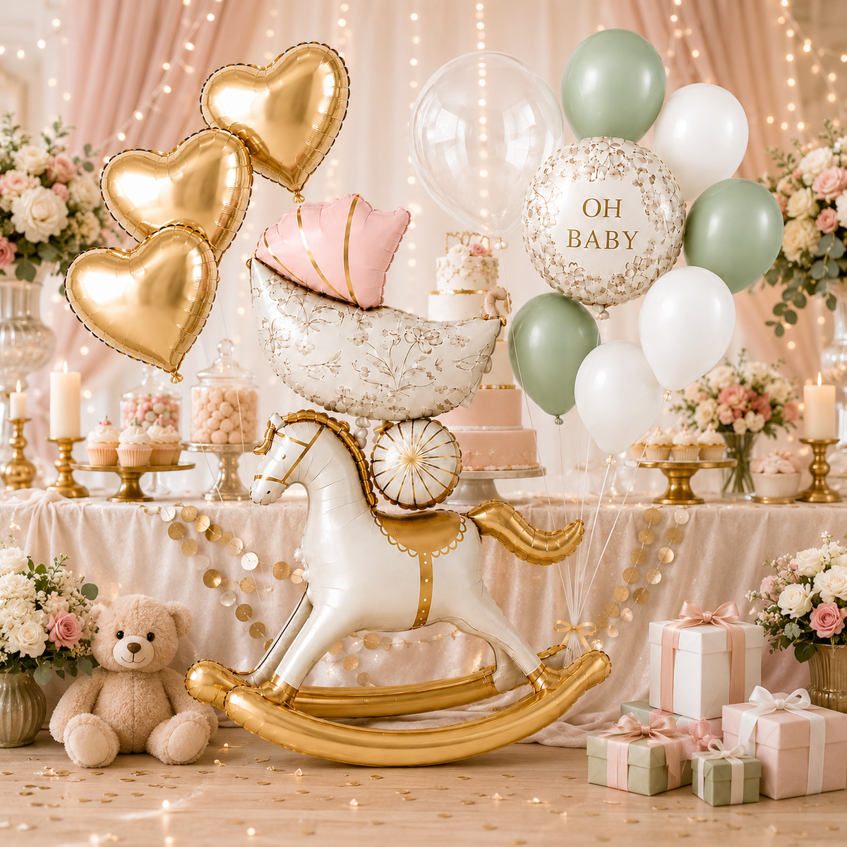 Horse Pink Teddy Pram Balloon Set - 13PC
