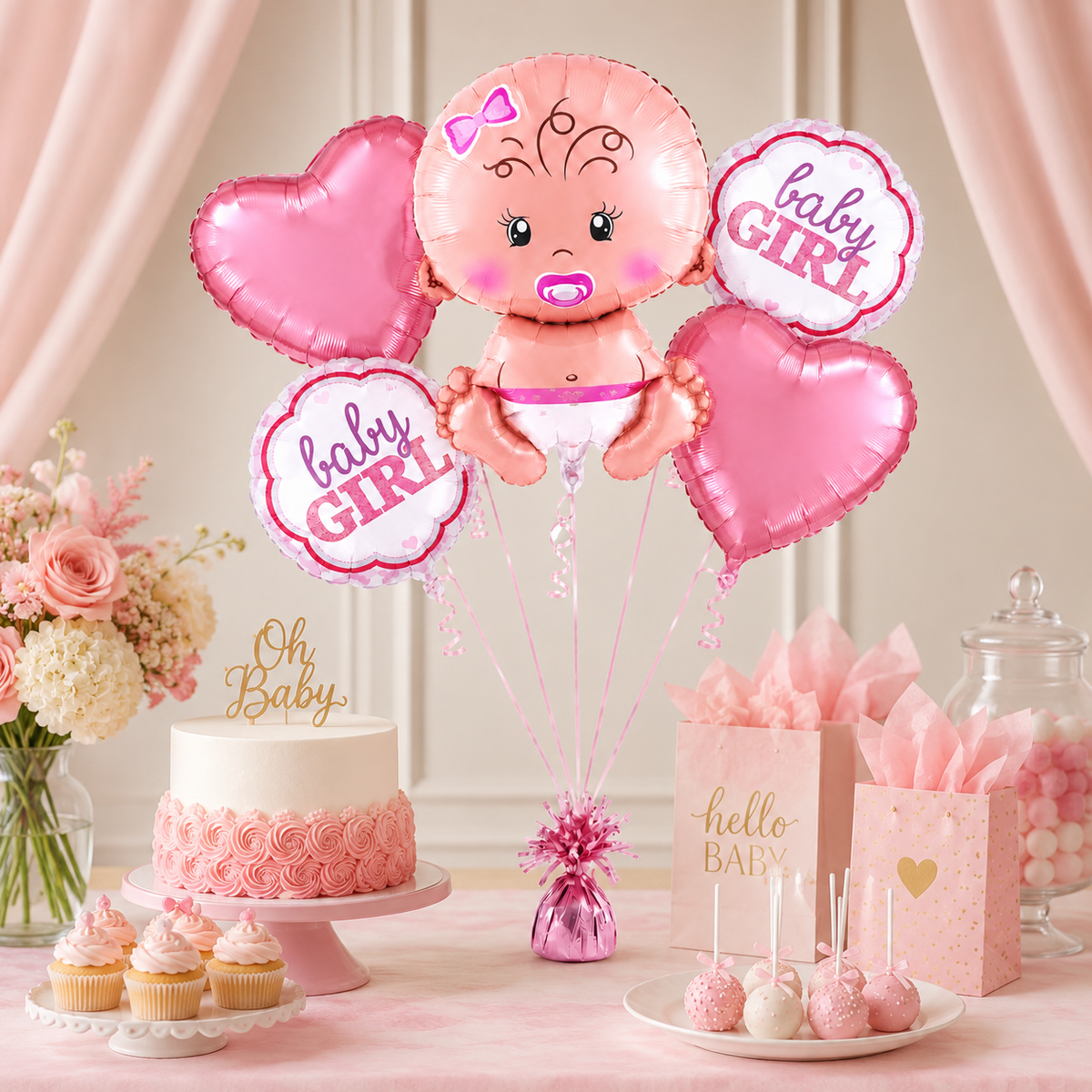 Baby GIrl Shaped Foil Balloon Bouquet Set - 5PC | Helium Filles & Dleivers Inflated