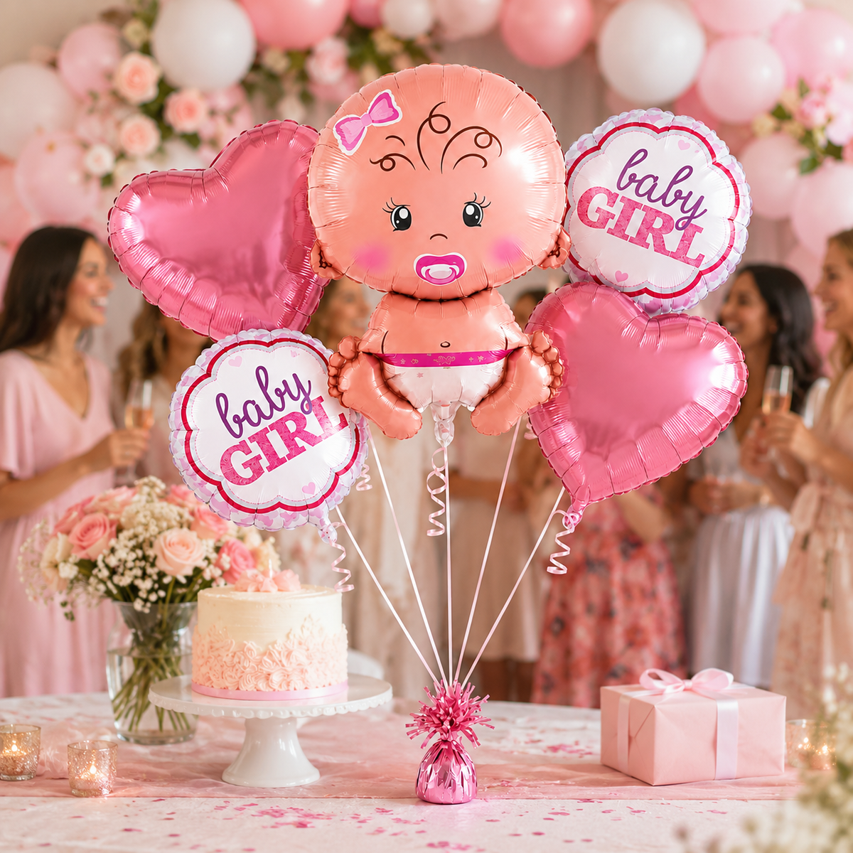 Baby GIrl Shaped Foil Balloon Bouquet Set - 5PC | Helium Filles & Dleivers Inflated