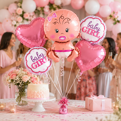Baby GIrl Shaped Foil Balloon Bouquet Set - 5PC | Helium Filles & Dleivers Inflated