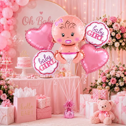 Baby GIrl Shaped Foil Balloon Bouquet Set - 5PC | Helium Filles & Dleivers Inflated