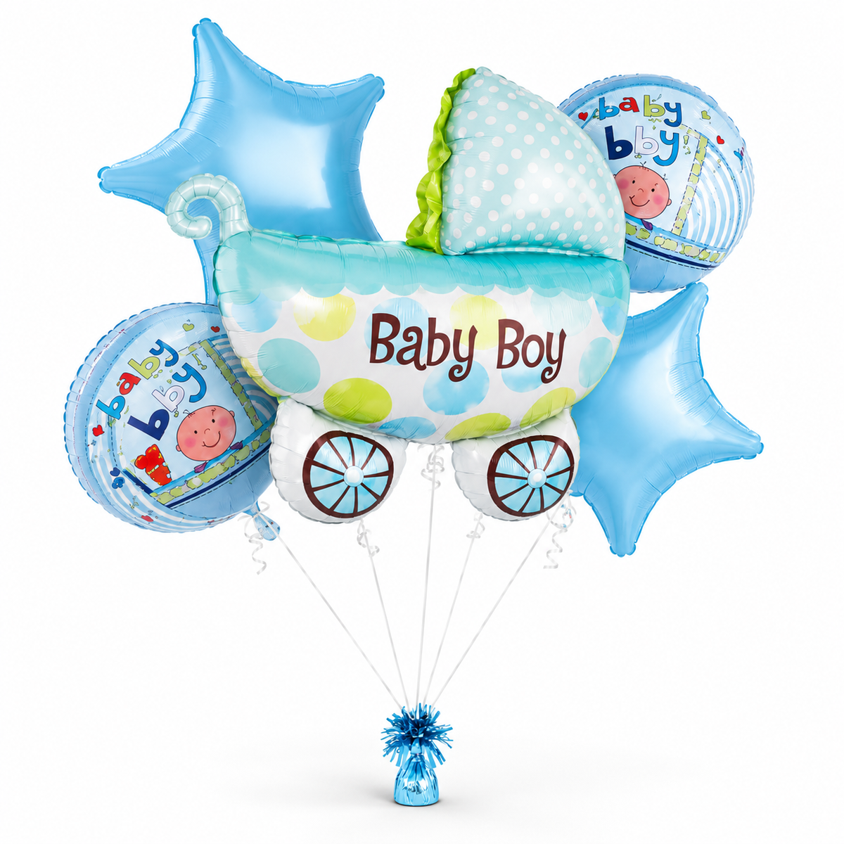 Baby Boy Pram Shaped Balloon Bouquet Set - 5PC | Helium Filles & Dleivers Inflated
