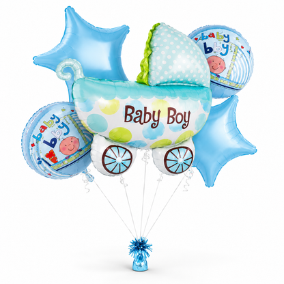 Baby Boy Pram Shaped Balloon Bouquet Set - 5PC | Helium Filles & Dleivers Inflated
