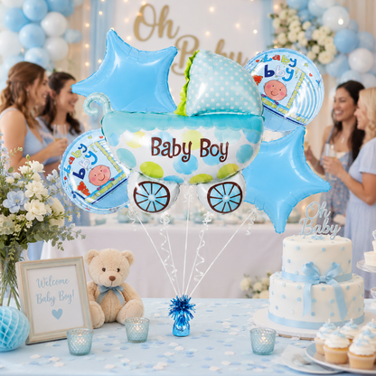 Baby Boy Pram Shaped Balloon Bouquet Set - 5PC | Helium Filles & Dleivers Inflated