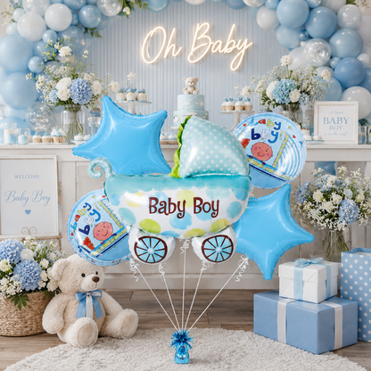 Baby Boy Pram Shaped Balloon Bouquet Set - 5PC | Helium Filles & Dleivers Inflated