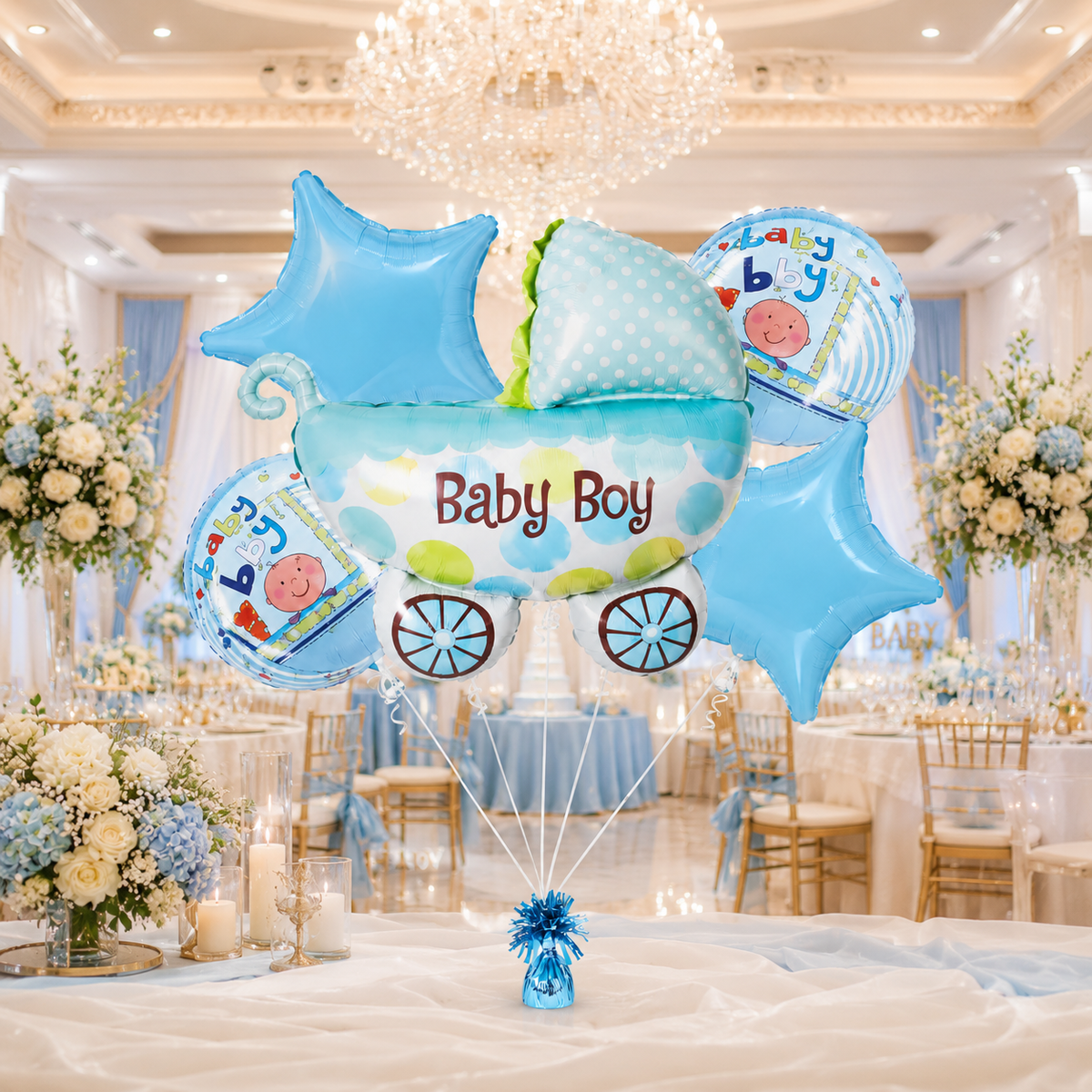 Baby Boy Pram Shaped Balloon Bouquet Set - 5PC | Helium Filles & Dleivers Inflated