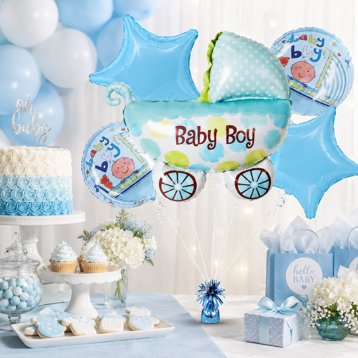 Baby Boy Pram Shaped Balloon Bouquet Set - 5PC | Helium Filles & Dleivers Inflated