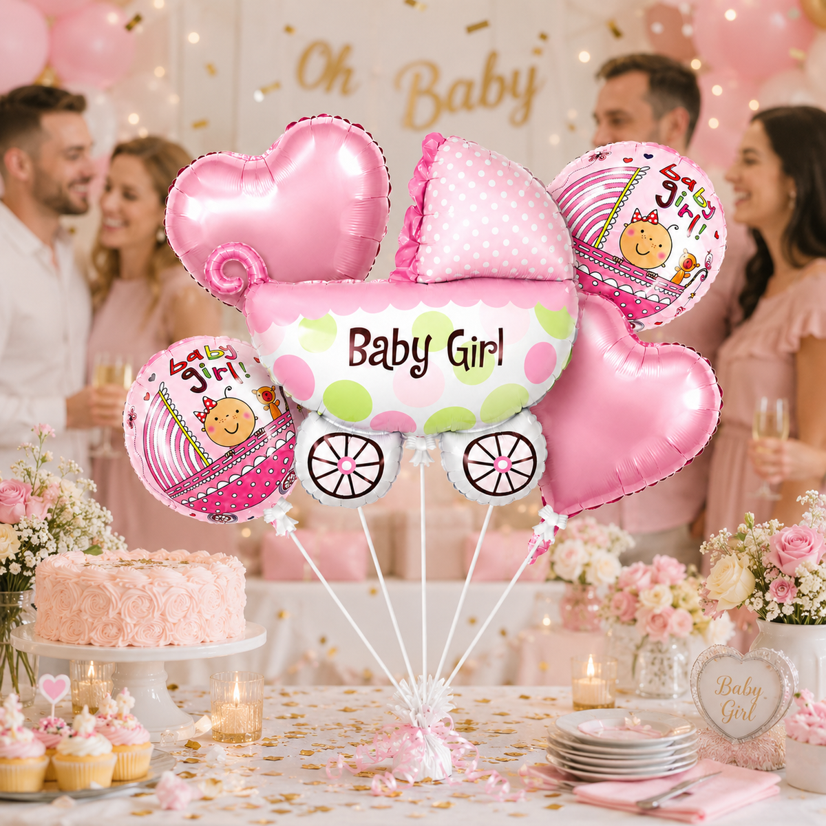 Baby Girl Pram Shaped Balloon Bouquet Set - 5PC | Helium Filles & Dleivers Inflated