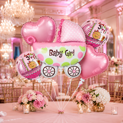 Baby Girl Pram Shaped Balloon Bouquet Set - 5PC | Helium Filles & Dleivers Inflated