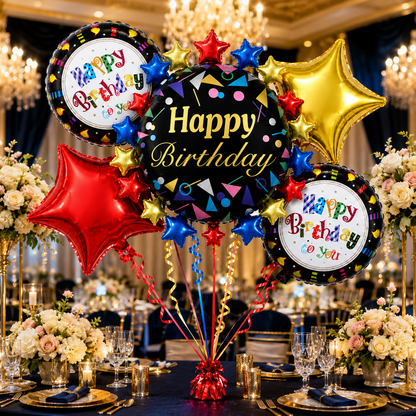 Zebra Print Happy Birthday Cake Shaped Balloon Bouquet Set - 5PC | Helium Filled and Delivers Inflated