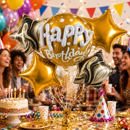 Mini Stars and Buntings Print Happy Birthday Balloon Bouquet Set - 5PC | Helium Filled and Delivers Inflated
