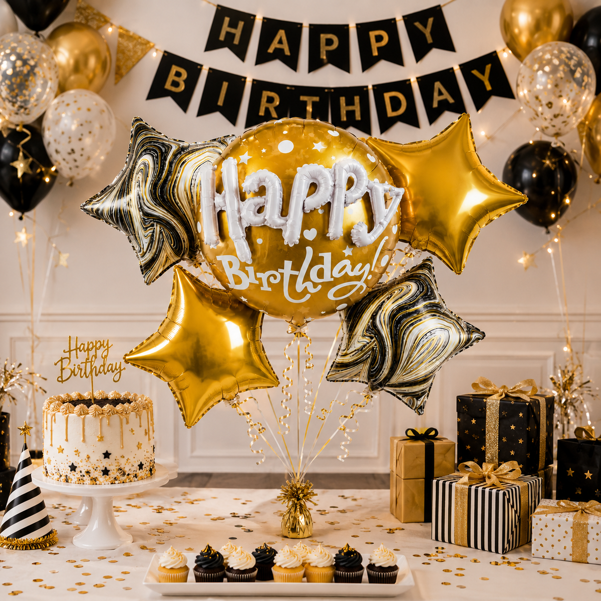 Mini Stars and Buntings Print Happy Birthday Balloon Bouquet Set - 5PC | Helium Filled and Delivers Inflated