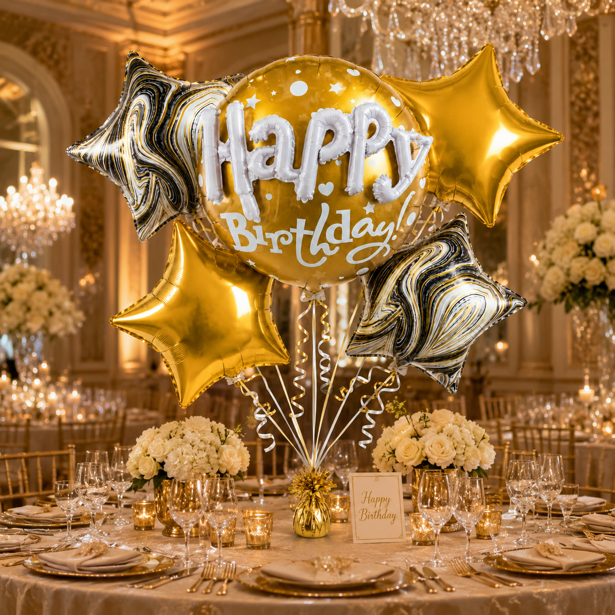 Mini Stars and Buntings Print Happy Birthday Balloon Bouquet Set - 5PC | Helium Filled and Delivers Inflated