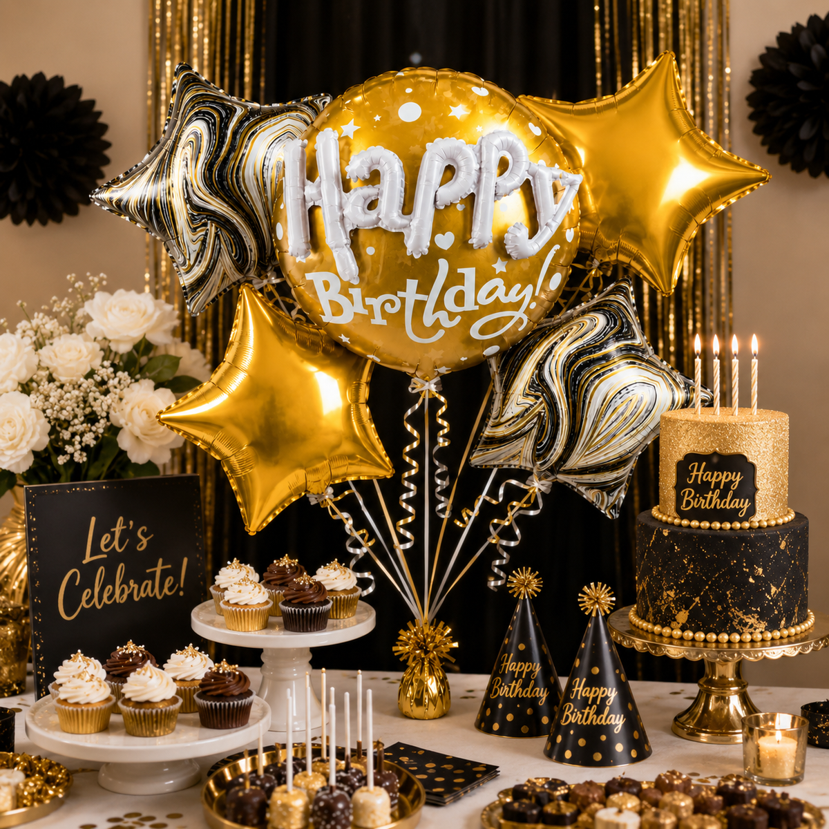 Mini Stars and Buntings Print Happy Birthday Balloon Bouquet Set - 5PC | Helium Filled and Delivers Inflated