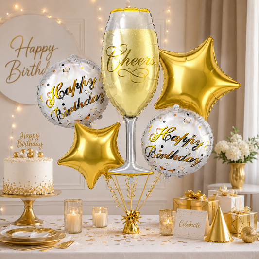Pink Champagne Glass Shaped Birthday Balloon Bouquet Set - 5PC | Helium Filled and Delivers Inflated