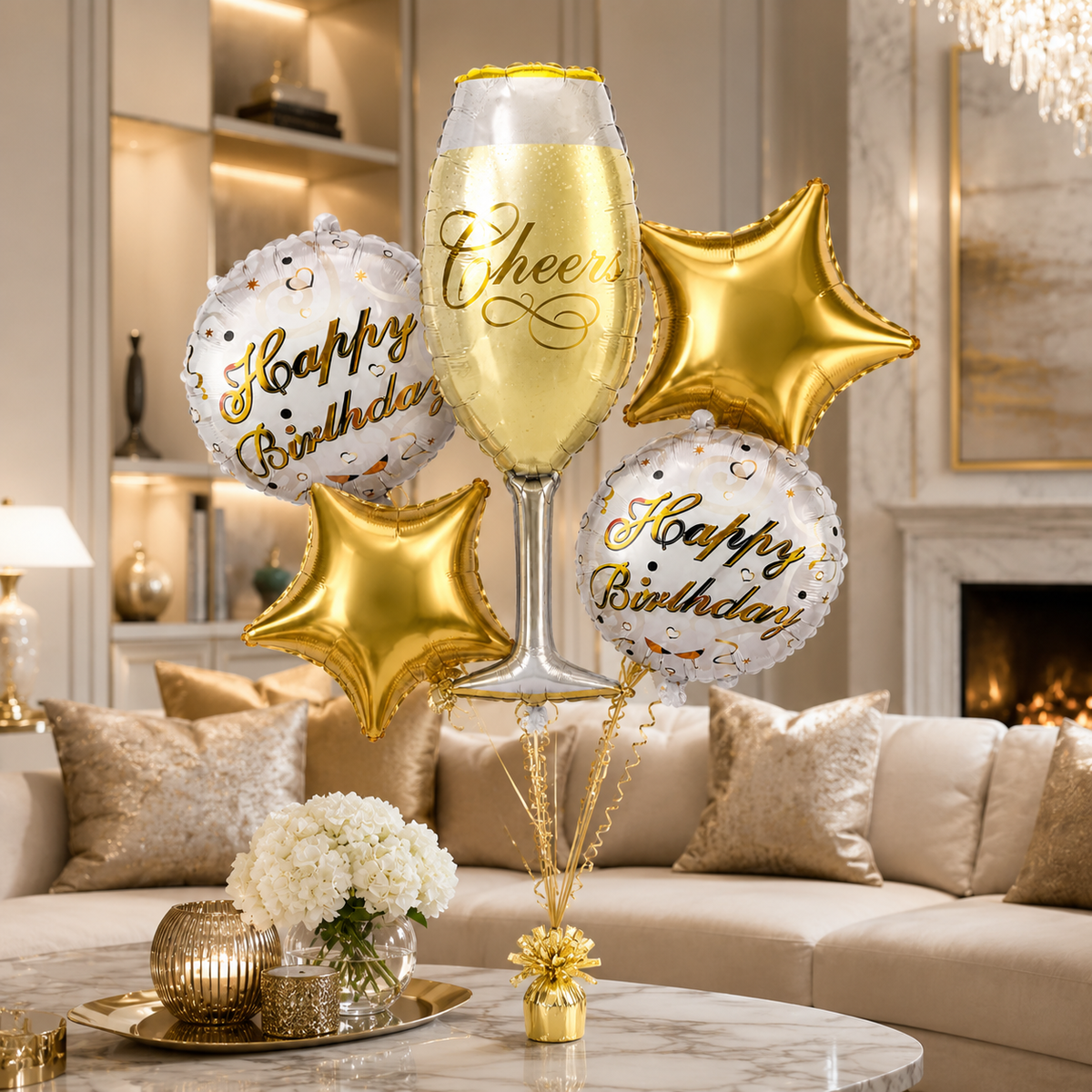 Pink Champagne Glass Shaped Birthday Balloon Bouquet Set - 5PC | Helium Filled and Delivers Inflated
