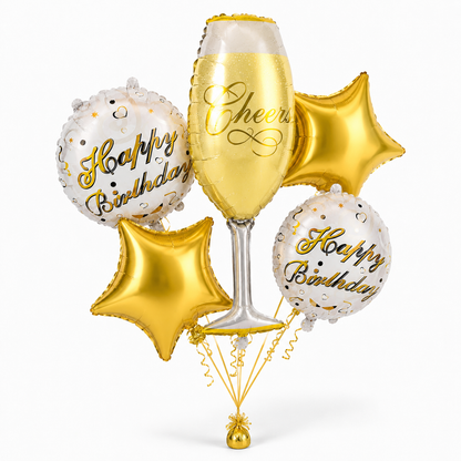 Pink Champagne Glass Shaped Birthday Balloon Bouquet Set - 5PC | Helium Filled and Delivers Inflated