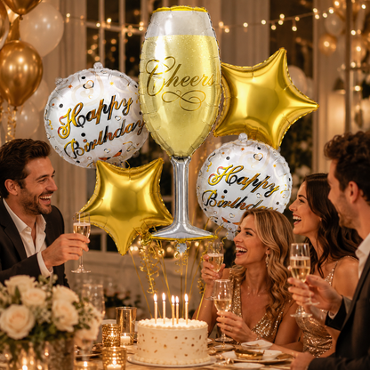 Pink Champagne Glass Shaped Birthday Balloon Bouquet Set - 5PC | Helium Filled and Delivers Inflated