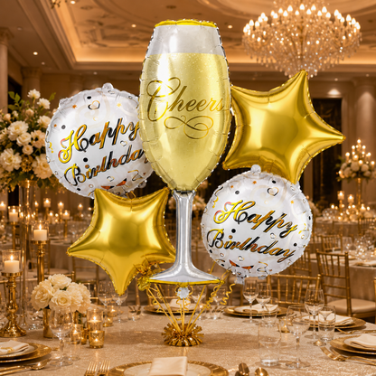 Pink Champagne Glass Shaped Birthday Balloon Bouquet Set - 5PC | Helium Filled and Delivers Inflated
