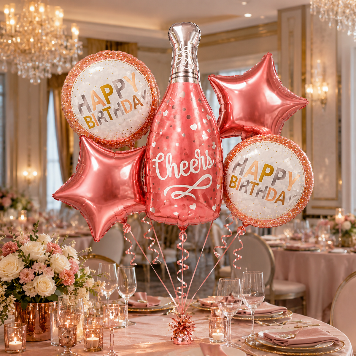 Golden Champagne Glass Shaped Birthday Balloon Bouquet Set - 5PC | Helium Filled and Delivers Inflated