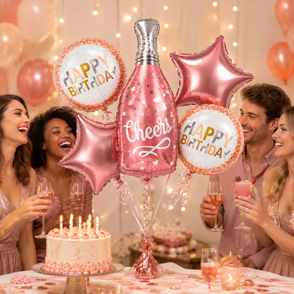 Golden Champagne Glass Shaped Birthday Balloon Bouquet Set - 5PC | Helium Filled and Delivers Inflated