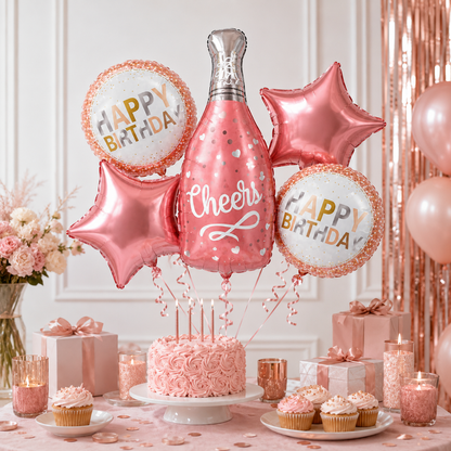 Golden Champagne Glass Shaped Birthday Balloon Bouquet Set - 5PC | Helium Filled and Delivers Inflated