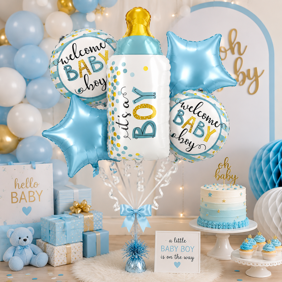 Baby Bottle Shaped It's A Boy Balloon Bouquet Set - 5PC | Helium Filled and Delivers Inflated