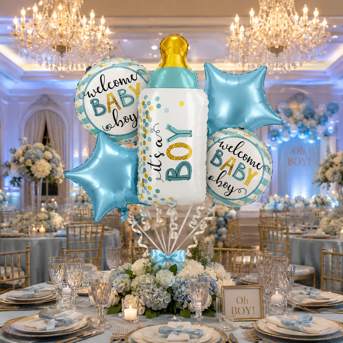 Baby Bottle Shaped It's A Boy Balloon Bouquet Set - 5PC | Helium Filled and Delivers Inflated