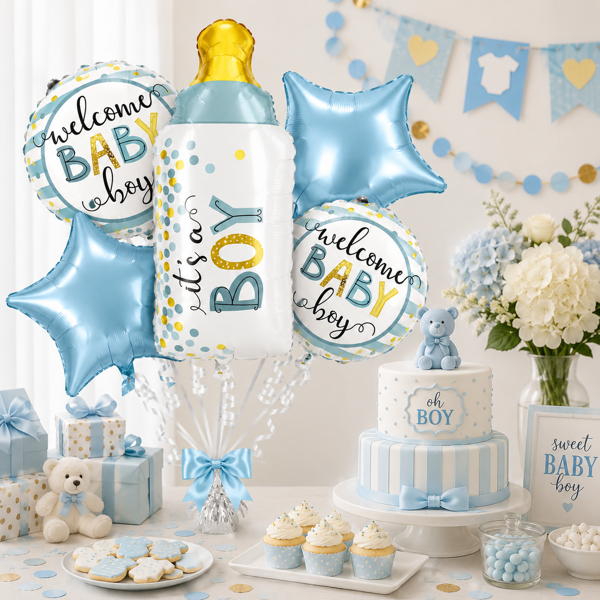 Baby Bottle Shaped It's A Boy Balloon Bouquet Set - 5PC | Helium Filled and Delivers Inflated