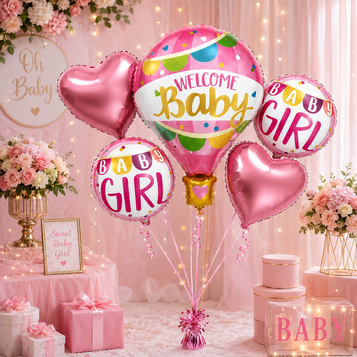 Hot Air Balloon Pink It's a Girl Balloon Bouquet Set - 5PC  | Helium Filles & Delivers Inflated