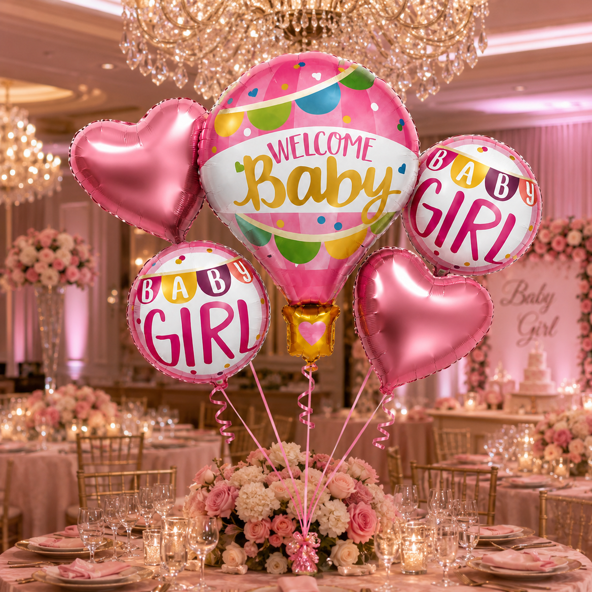 Hot Air Balloon Pink It's a Girl Balloon Bouquet Set - 5PC  | Helium Filles & Delivers Inflated