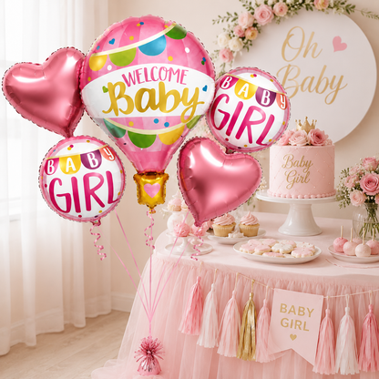 Hot Air Balloon Pink It's a Girl Balloon Bouquet Set - 5PC  | Helium Filles & Delivers Inflated
