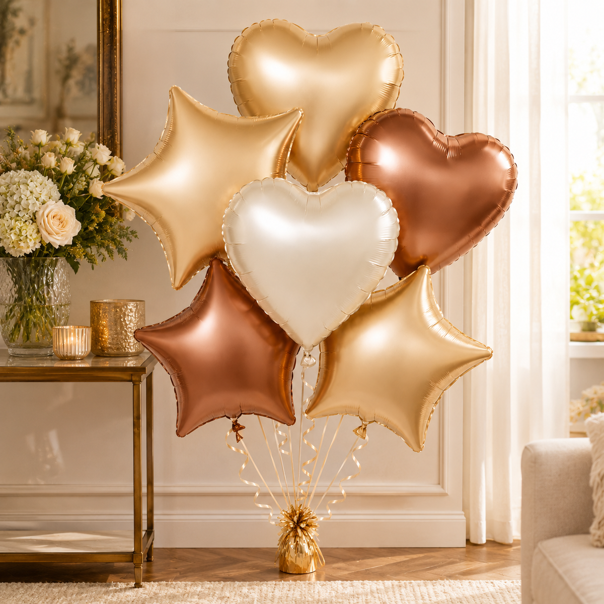 Retro Caramel Coffee and Milky White Star Heart Shaped Balloons Set - 6PC