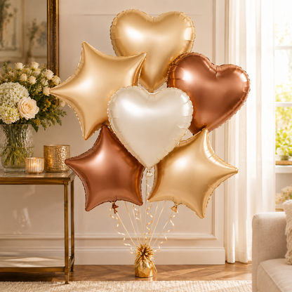 Retro Caramel Coffee and Milky White Star Heart Shaped Balloons Set - 6PC