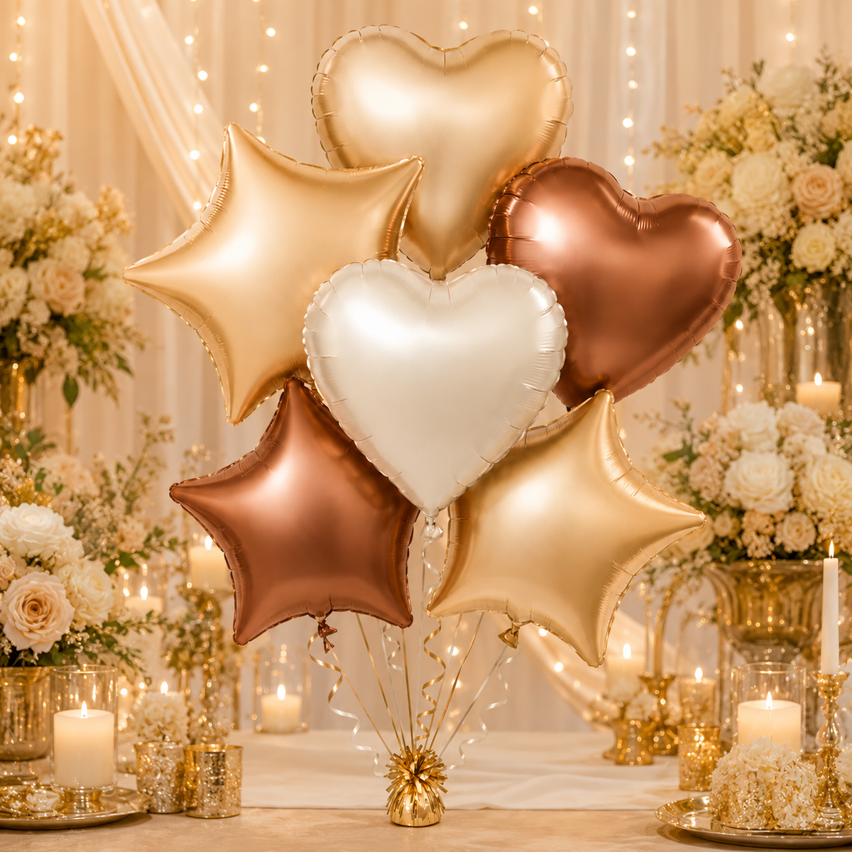 Retro Caramel Coffee and Milky White Star Heart Shaped Balloons Set - 6PC