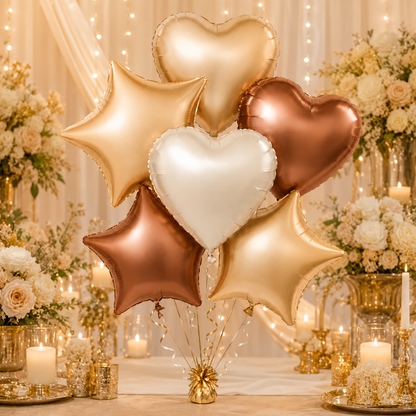 Retro Caramel Coffee and Milky White Star Heart Shaped Balloons Set - 6PC