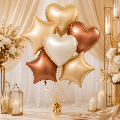 Retro Caramel Coffee and Milky White Star Heart Shaped Balloons Set - 6PC