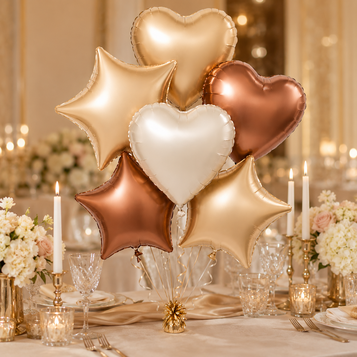 Retro Caramel Coffee and Milky White Star Heart Shaped Balloons Set - 6PC