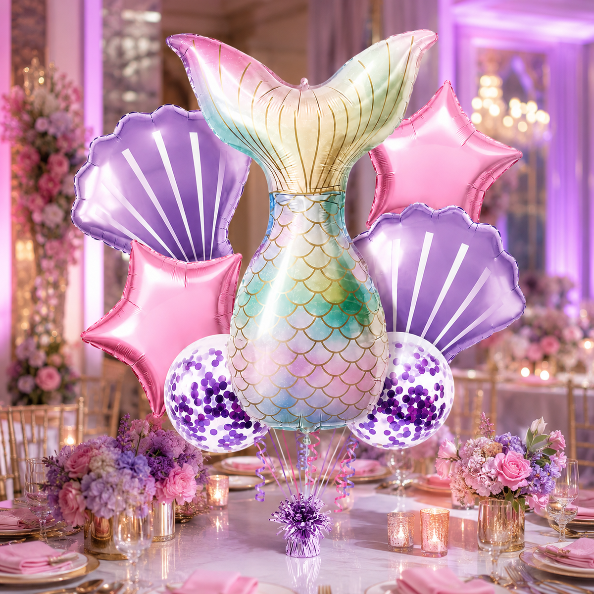Mermaid Balloon Set with Purple Confetti Balloons - 7 PC