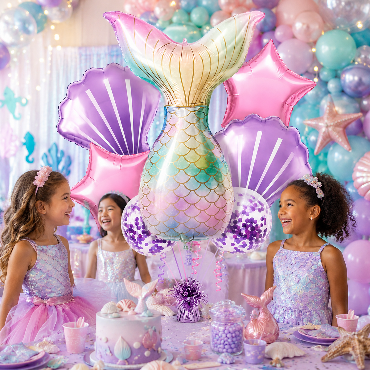 Mermaid Balloon Set with Purple Confetti Balloons - 7 PC