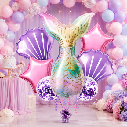 Mermaid Balloon Set with Purple Confetti Balloons - 7 PC