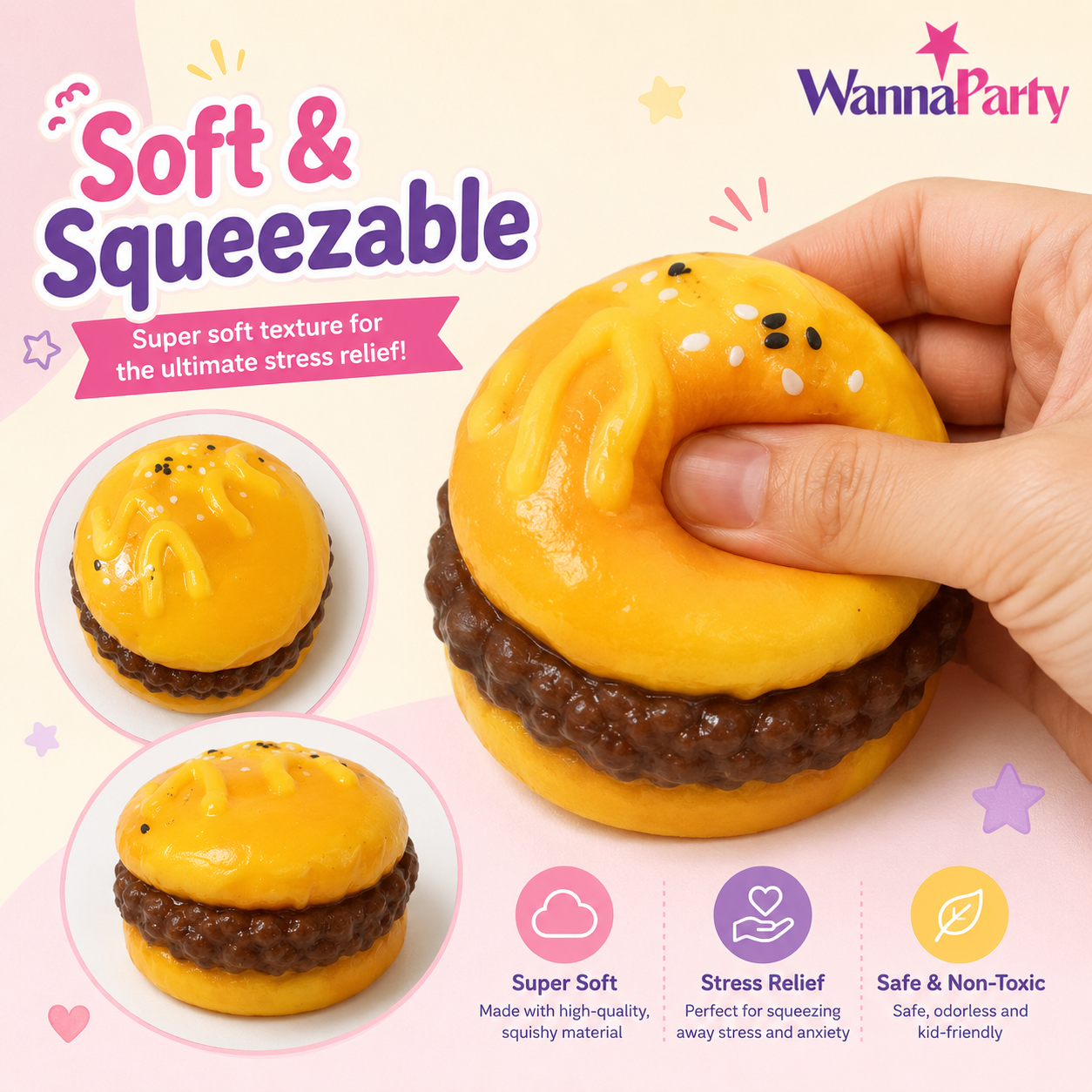 Burger Squishy Taba Toy - Cute Food Squeeze Toy for Kids | Wanna Party - Image 8