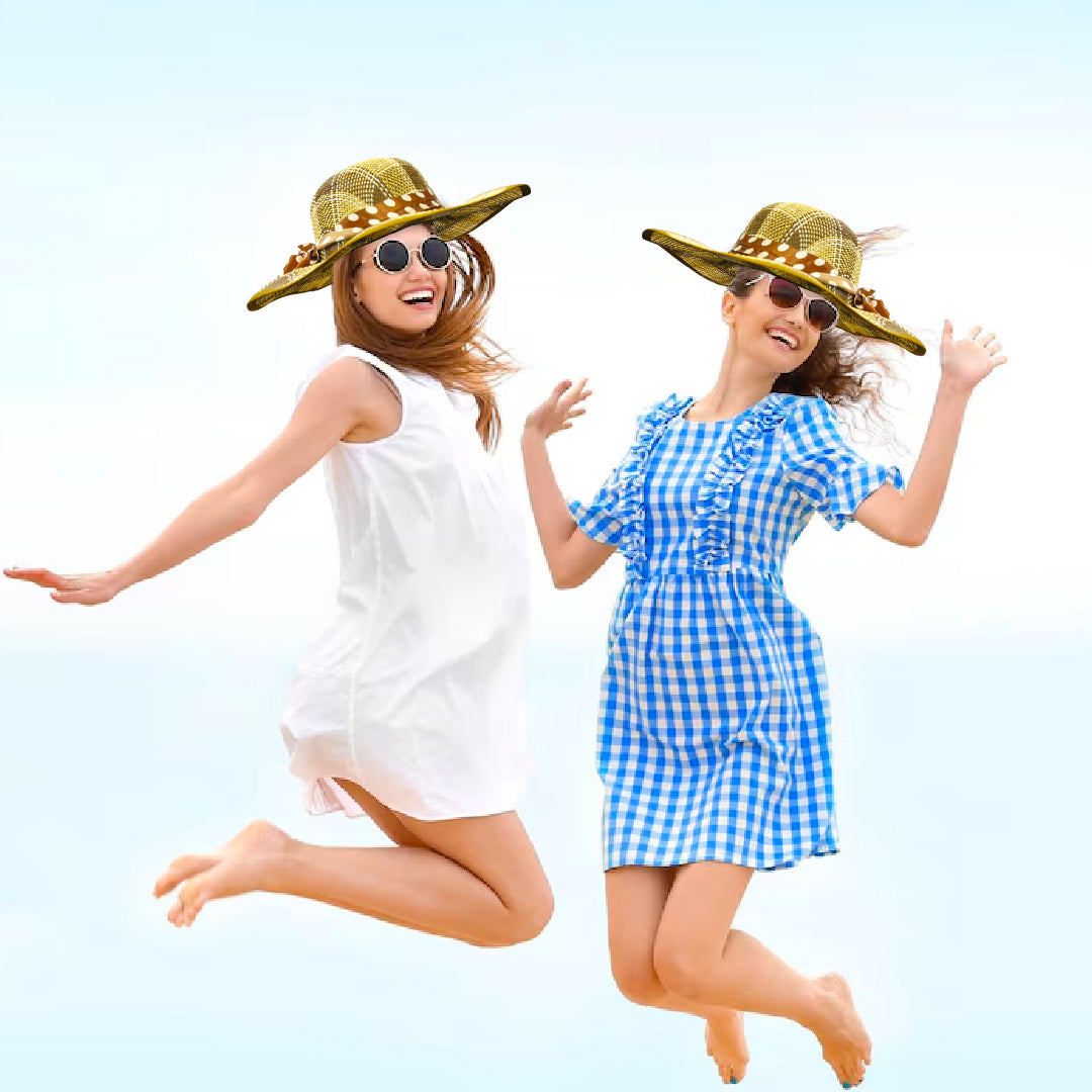 Summer Beach Hat Beige Color w/Polka Dot Silk Ribbon Pattern for Women - 1PC