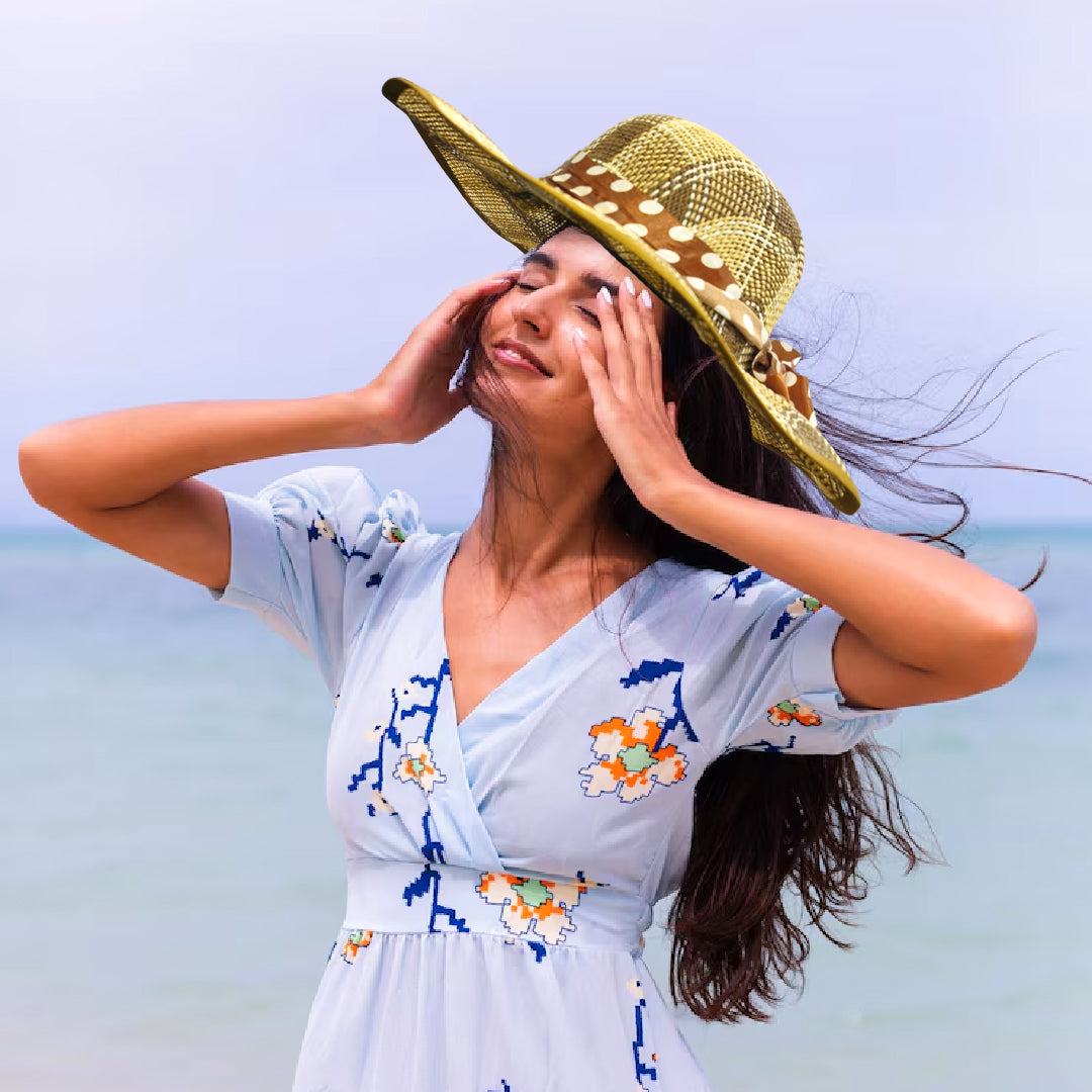 Summer Beach Hat Beige Color w/Polka Dot Silk Ribbon Pattern for Women - 1PC