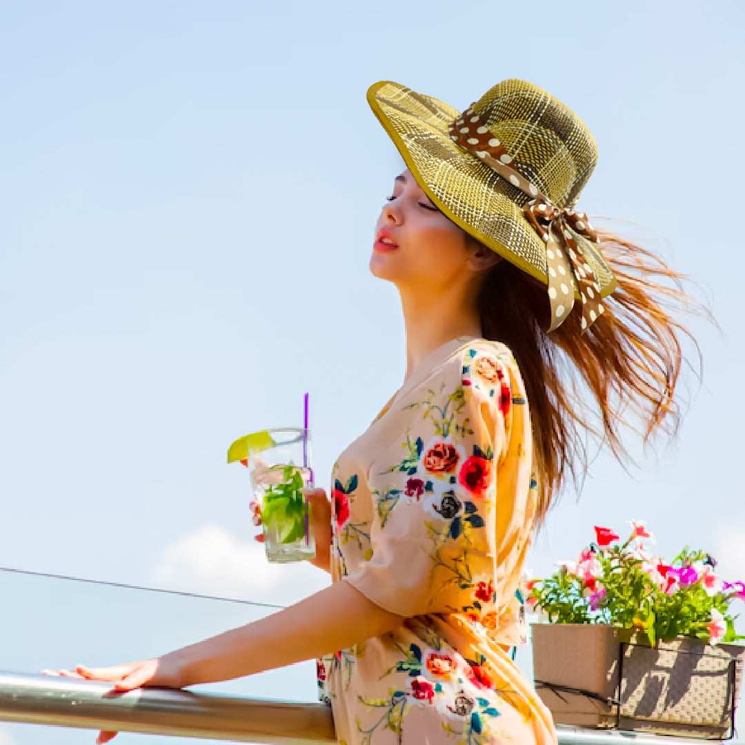 Summer Beach Hat Beige Color w/Polka Dot Silk Ribbon Pattern for Women - 1PC