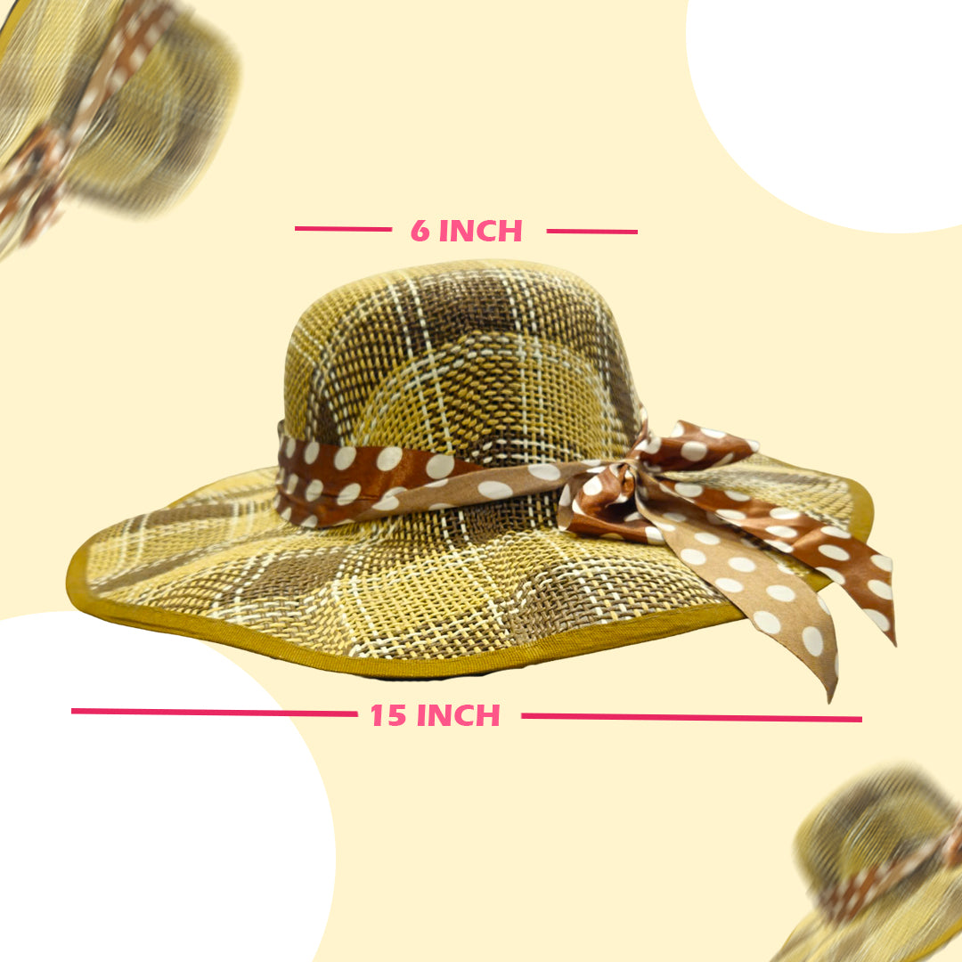 Summer Beach Hat Beige Color w/Polka Dot Silk Ribbon Pattern for Women - 1PC
