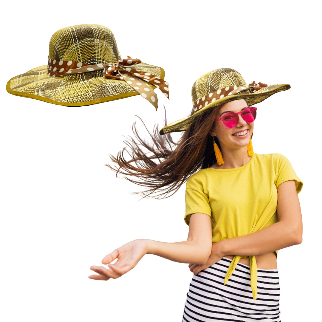 Summer Beach Hat Beige Color w/Polka Dot Silk Ribbon Pattern for Women - 1PC