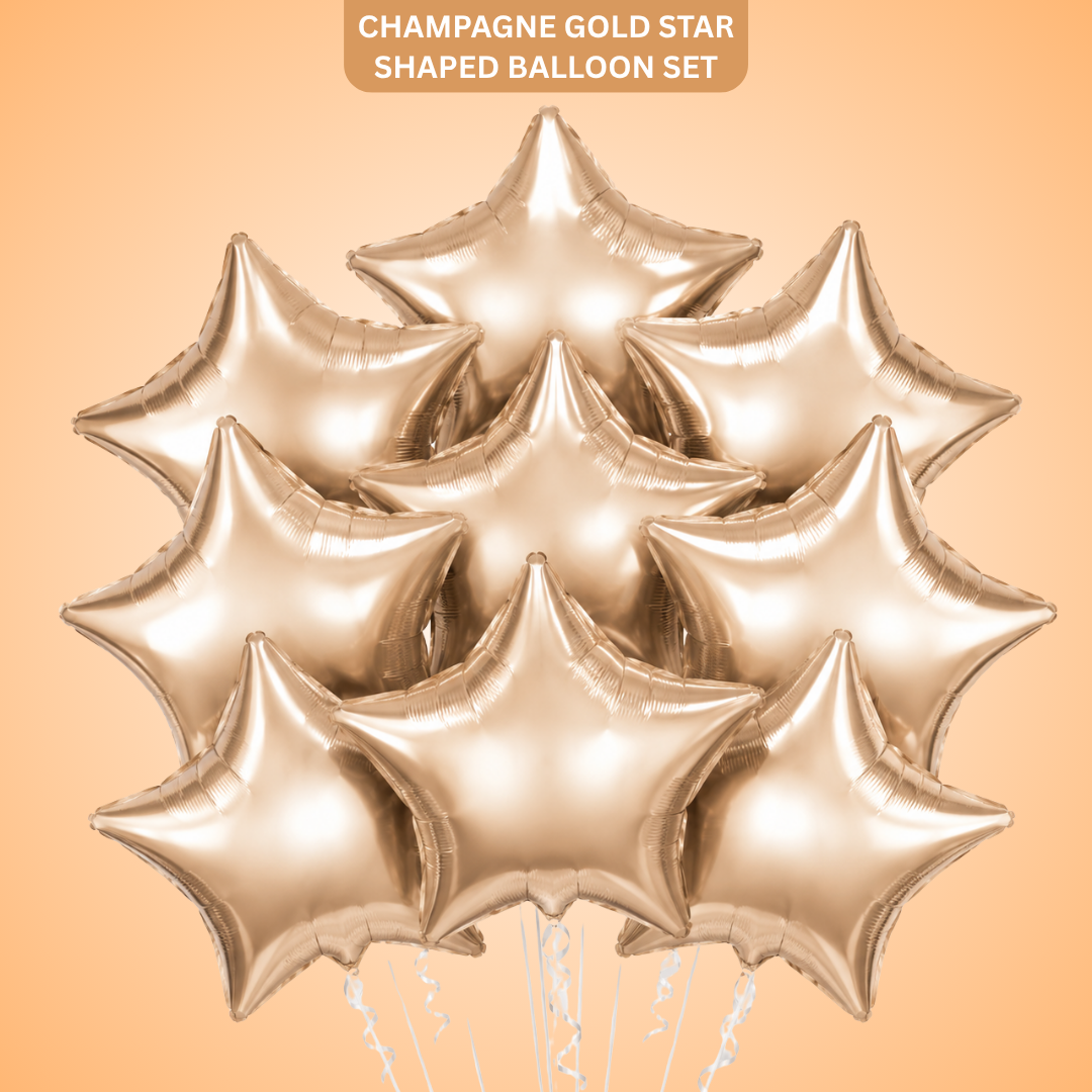 Champagne Gold Color Star Shaped Foil Balloon Set - 10PC | 18 inches | Helium Quality Balloons
