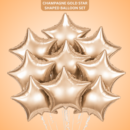 Champagne Gold Color Star Shaped Foil Balloon Set - 10PC | 18 inches | Helium Quality Balloons